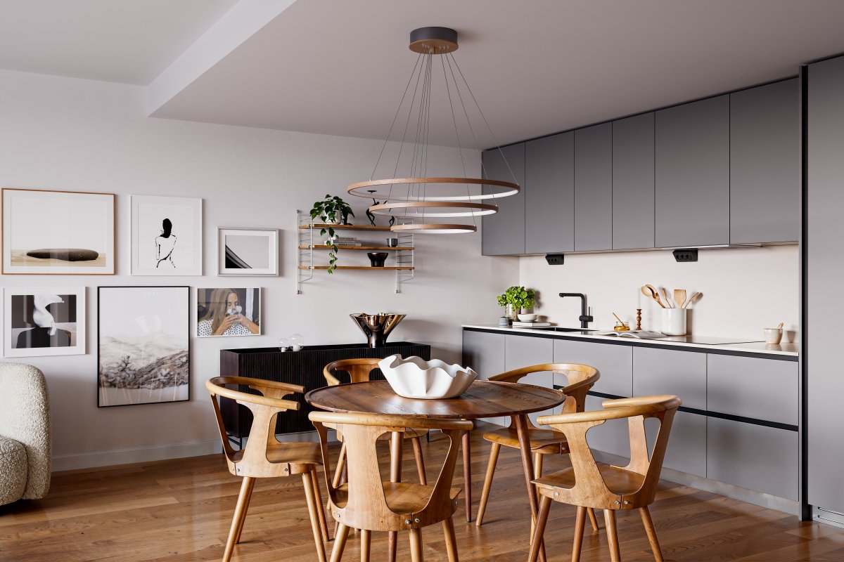 Trione Ø80 Okkernoot hanglamp Van By Rydéns - Elke ring (diameter 80 cm, 60 cm en 40 cm) is eenvoudig in hoogte en positie te verstellen met de meegeleverde draadbeugel.