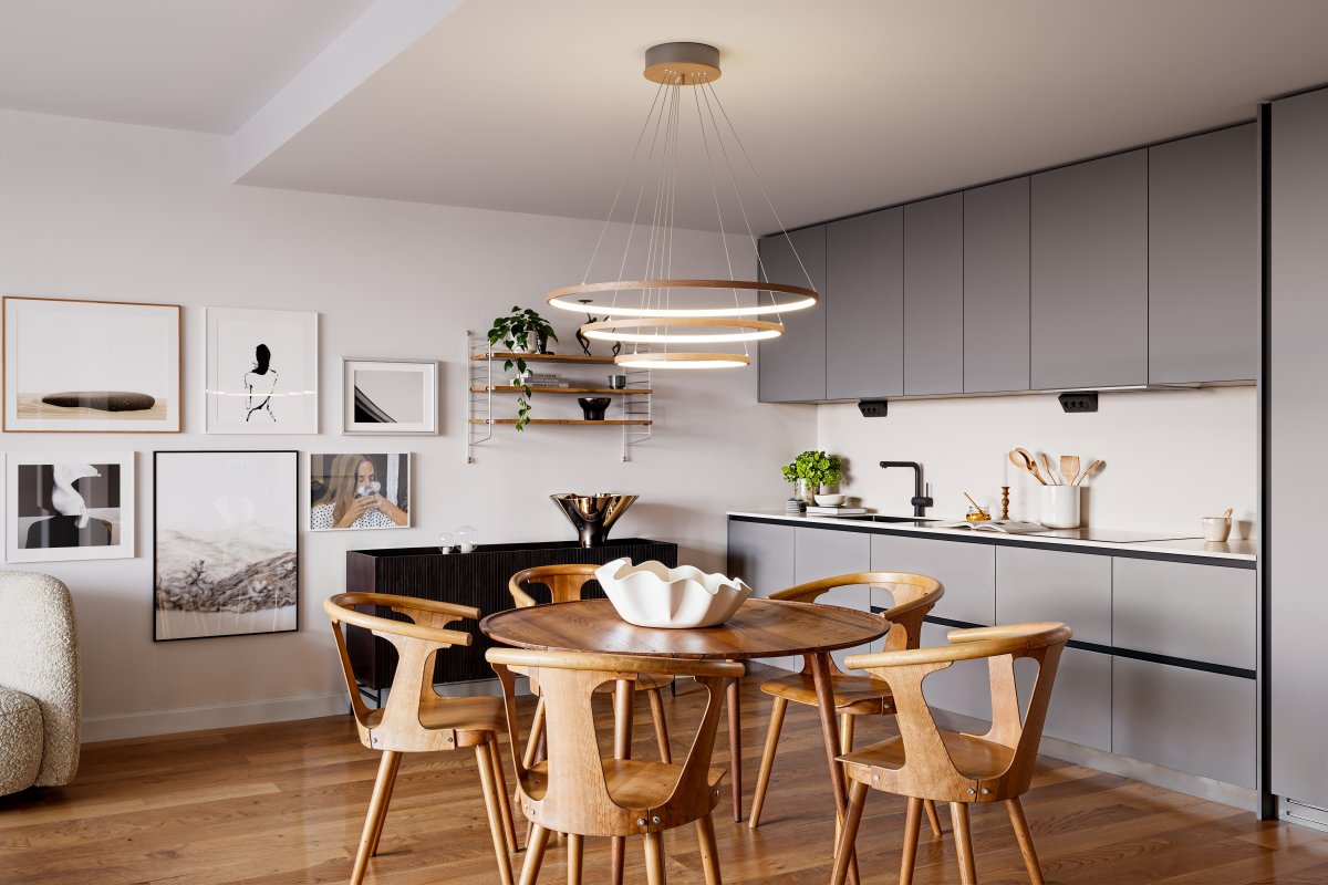 Trione Ø80 Okkernoot hanglamp Van By Rydéns - Elke ring (diameter 80 cm, 60 cm en 40 cm) is eenvoudig in hoogte en positie te verstellen met de meegeleverde draadbeugel.