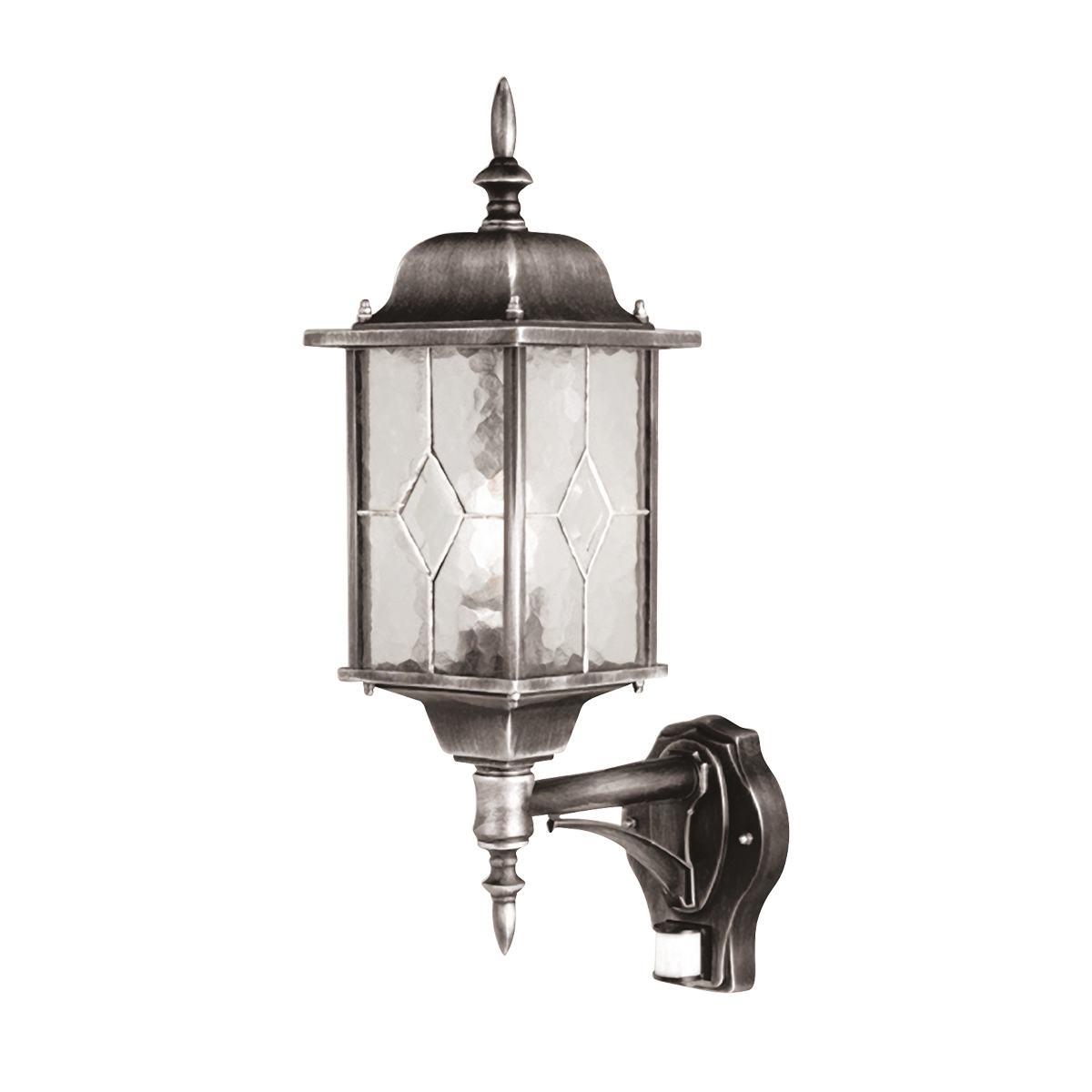 Wexford Zilver buitenlamp Van Elstead Lighting - De lamp is voorzien van een praktische bewegingssensor die het licht automatisch inschakelt bij beweging binnen een afstand van 1-8 meter en een detectiehoek van 120 graden.