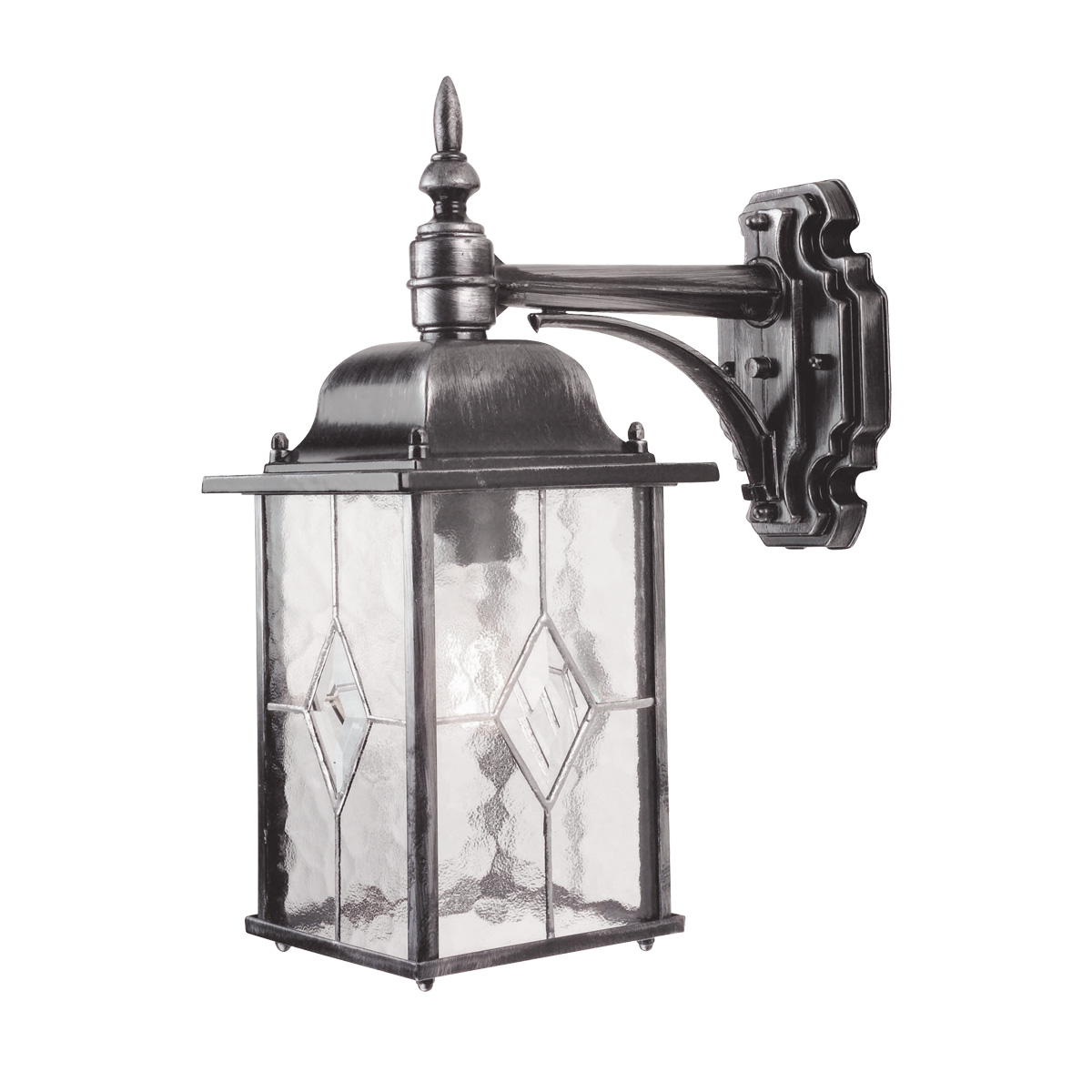 Wexford Zilver buitenlamp Van Elstead Lighting - Wexford is een klassieke wandlamp voor buiten, gemaakt van aluminium met een elegante donkerzilveren afwerking en decoratieve glazen secties met een loodpatroon.