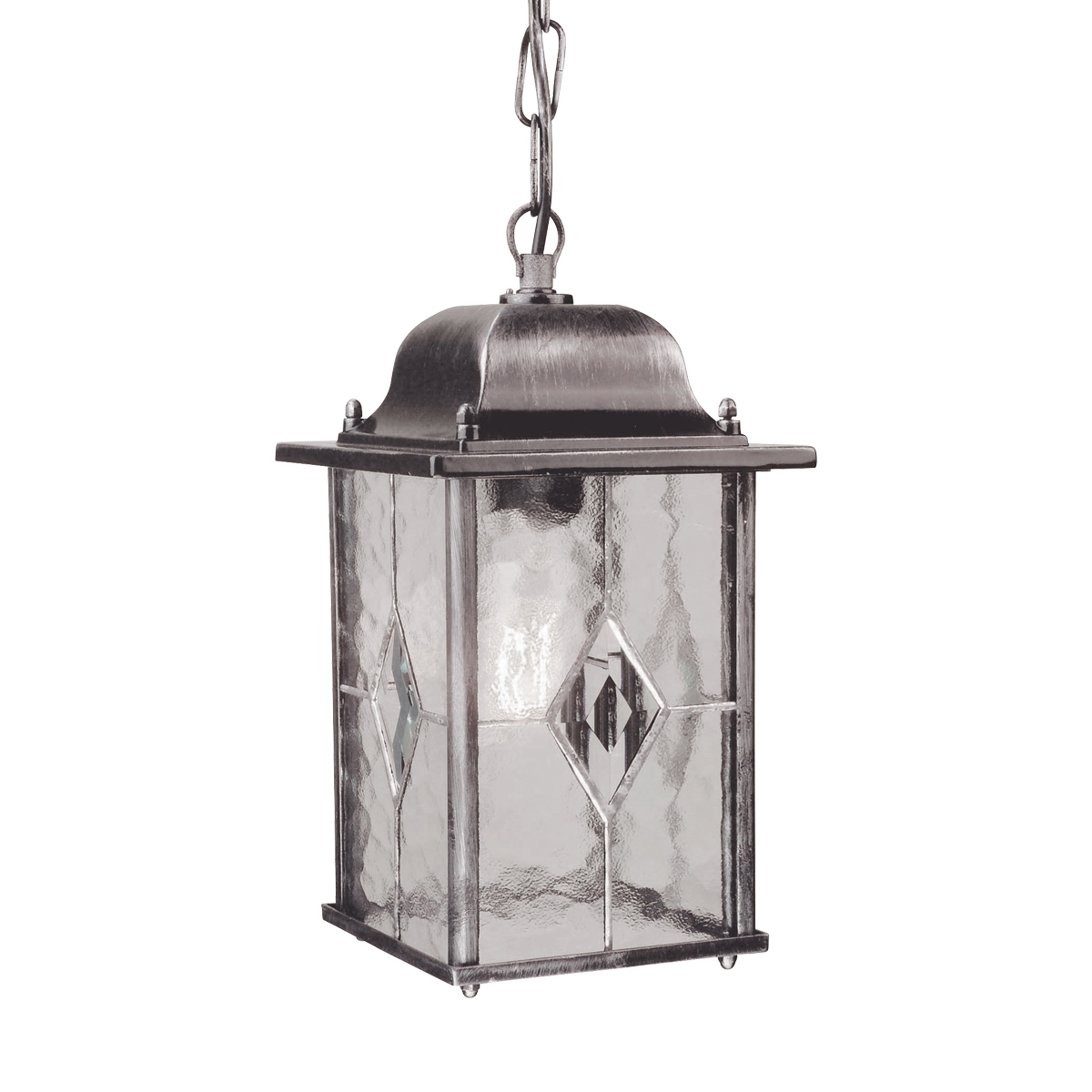Wexford 16cm Zilver Van Elstead Lighting - Wexford is een klassieke hangende buitenlantaarn van aluminium met een elegante donkerzilveren afwerking en decoratieve glazen panelen met een loodpatroon.