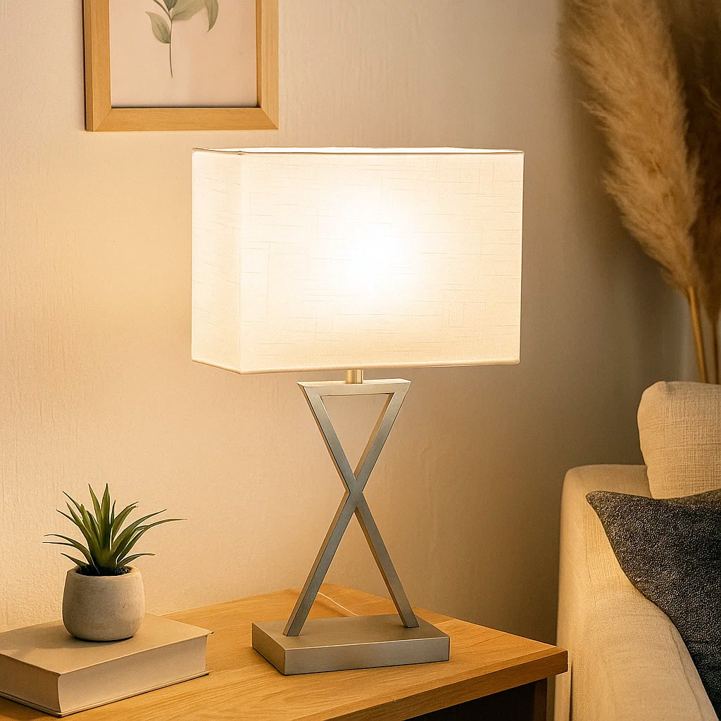 X-factor 54cm Nikkel tafellamp Van Nordic Lighting - De X-factor tafellamp combineert een moderne geometrische metalen voet met een elegante satijnnikkel afwerking met een witte linnen kap.