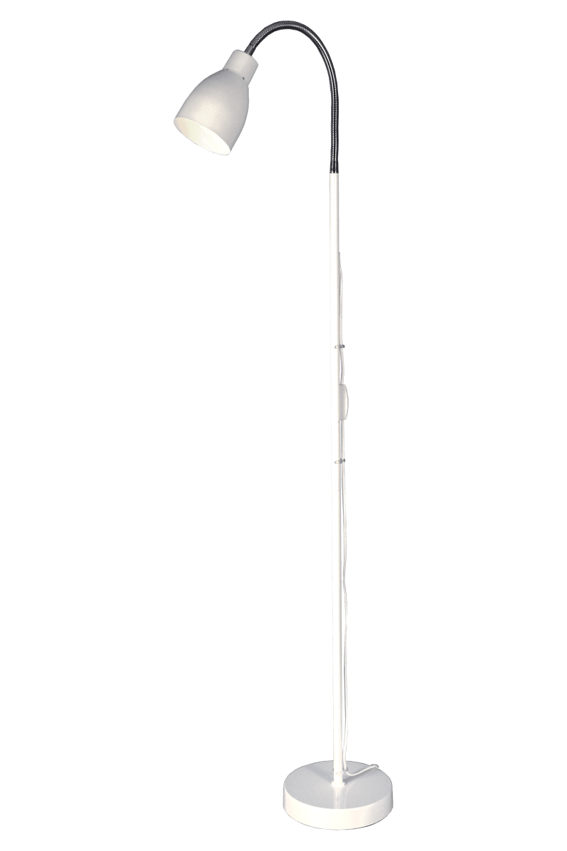 Sarek Wit vloerlamp Van Aneta Lighting - Sarek is een stijlvolle staande lamp in matwit metaal met een chromen flexarm voor eenvoudige aanpassing van het licht.